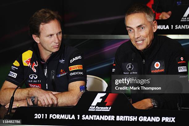 Red Bull Racing Team Principal Christian Horner and McLaren Team Principal Martin Whitmarsh attend the F.I.A. Official press conference following...