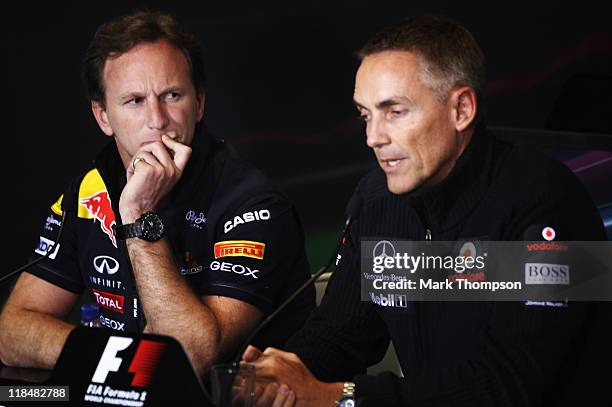 Red Bull Racing Team Principal Christian Horner and McLaren Team Principal Martin Whitmarsh attend the F.I.A. Official press conference following...