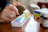 Close Up Of Senior Man Organizing Medication Into Pill Dispenser
