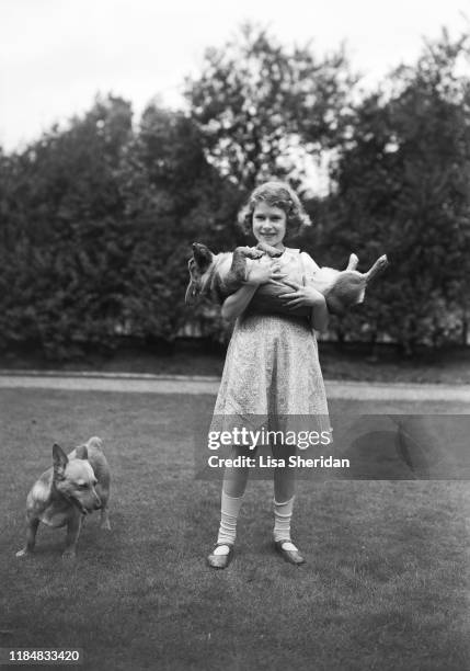Princess Elizabeth with two Pembroke Welsh Corgi dogs, Dookie and Jane, at her home at 145 Piccadilly, London, UK, July 1936.