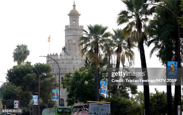 Branding at Torre del Oro, central Seville ahead of the MTV EMAs 2019 at FIBES Conference and Exhibition Centre on October 31, 2019 in Seville, Spain.