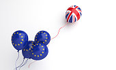 Brexit illustration creative concept, Flying balloon with European Union EU and United Kingdom UK flag on white background.