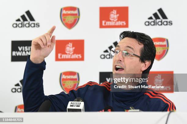 Arsenal Head Coach attends a press conference at London Colney on November 01, 2019 in St Albans, England.