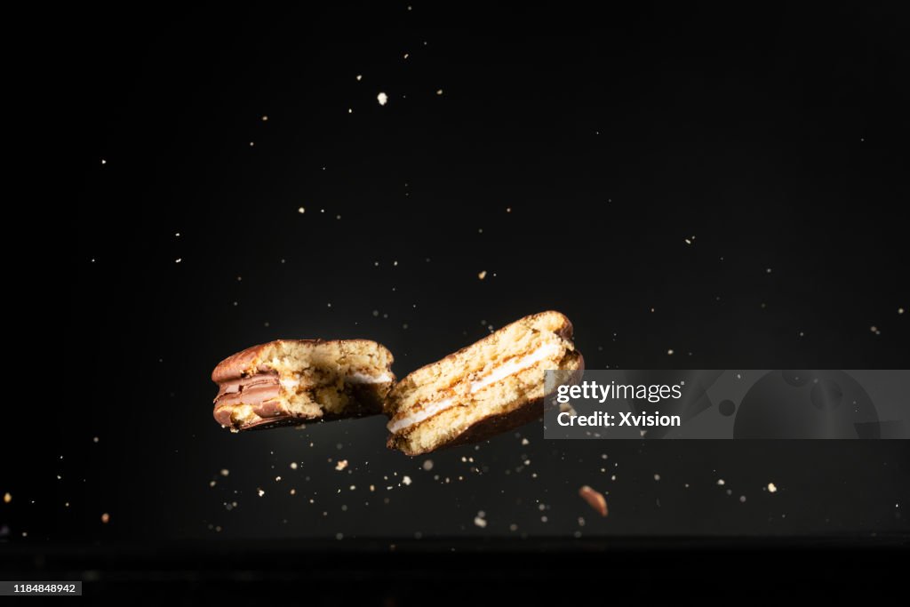 Chocolate pie flying in mid air captured with high speed sync.