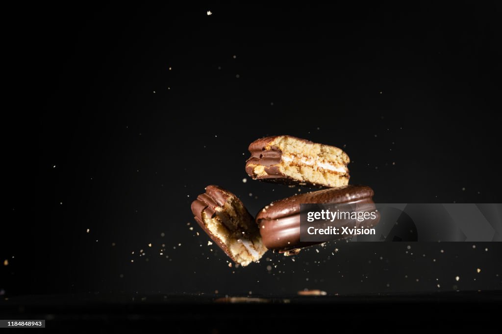 Chocolate pie flying in mid air captured with high speed sync.