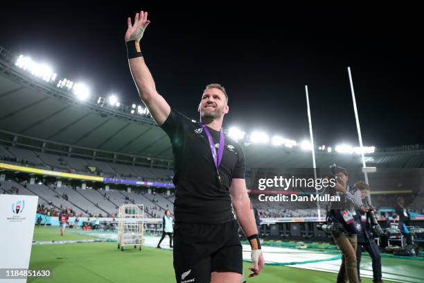 Kieran Read of New Zealand waves to the crowd following his final appearance during the Rugby World Cup 2019 Bronze Final match between New Zealand...