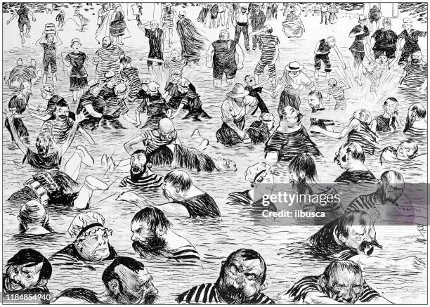 antique illustration: crowd sea bathing - crowded beach stock illustrations