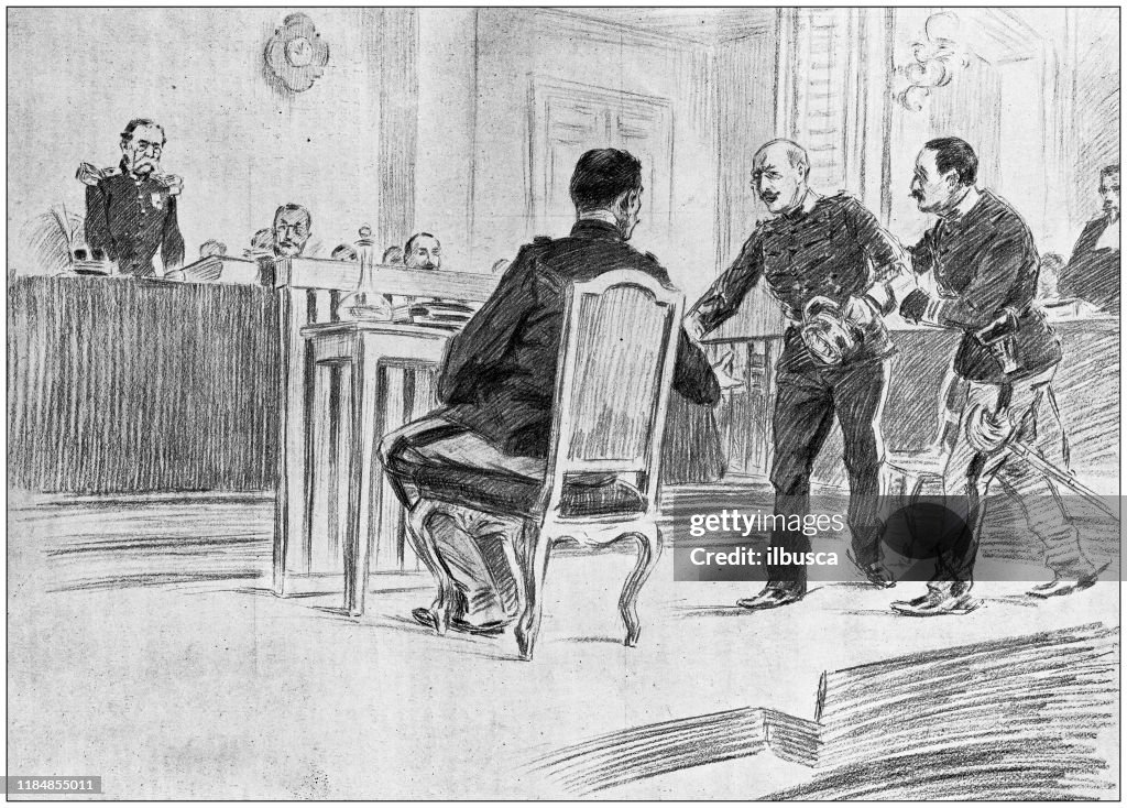 Antique illustration: Sketches from Alfred Dreyfus trial
