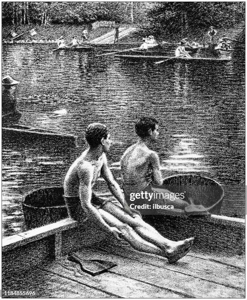 antique illustration: seine river in summer - river bathing stock illustrations