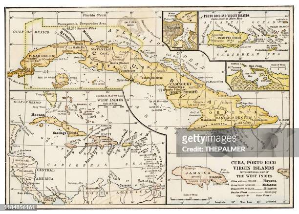 cuba puerto rico map 1898 - cuba map stock illustrations