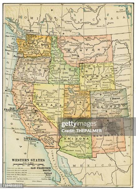 illustrazioni stock, clip art, cartoni animati e icone di tendenza di mappa degli stati occidentali degli stati uniti d'america 1898 - montana western usa