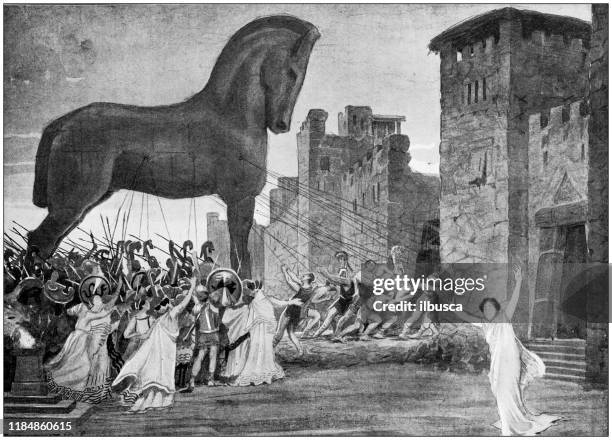 antique illustration: trojan horse - trojan stock illustrations