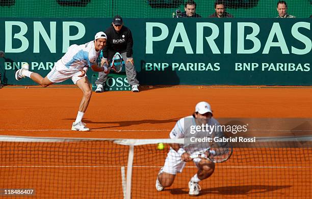 Juan Ignacio Chela and Eduardo Schwank of Argentine in action during the match between Argentina and Kazakhstan for second day in the quarters final...