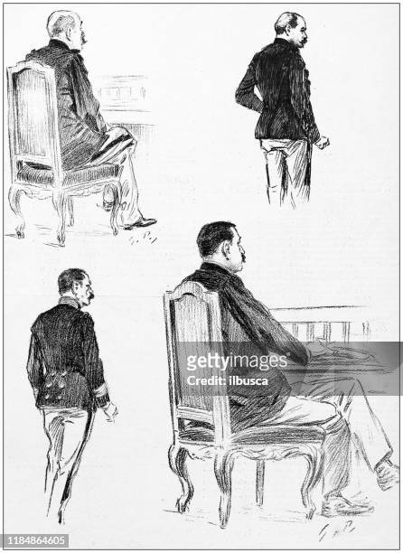 antique illustration: sketches from alfred dreyfus trial - alfred dreyfus stock illustrations