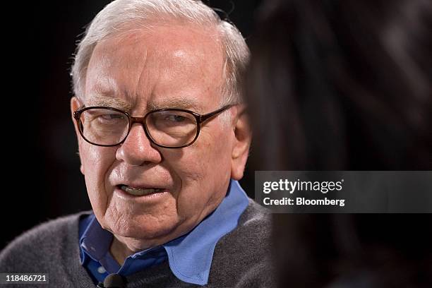 Warren Buffett, chairman and chief executive officer of Berkshire Hathaway Inc., speaks during an interview with Bloomberg via Getty Images...