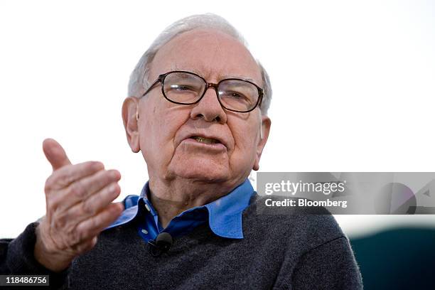 Warren Buffett, chairman and chief executive officer of Berkshire Hathaway Inc., speaks during an interview with Bloomberg via Getty Images...