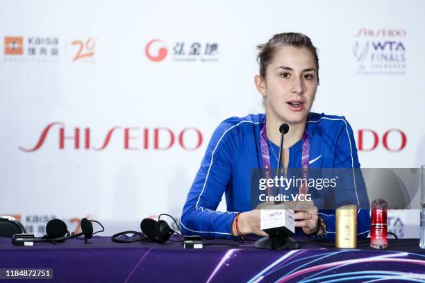 Belinda Bencic of Switzerland attends a press conference on Day five of the 2019 WTA Finals at Shenzhen Bay Sports Center on October 31, 2019 in...