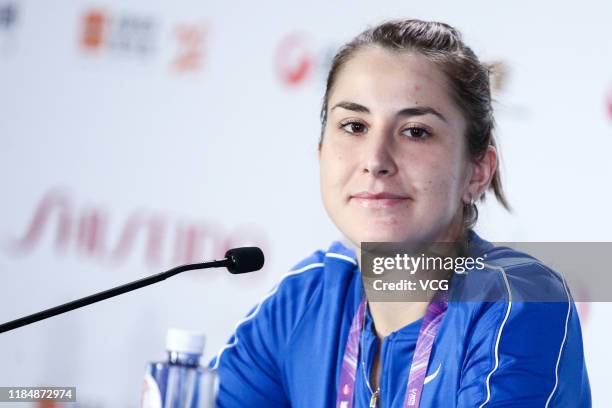 Belinda Bencic of Switzerland attends a press conference on Day five of the 2019 WTA Finals at Shenzhen Bay Sports Center on October 31, 2019 in...