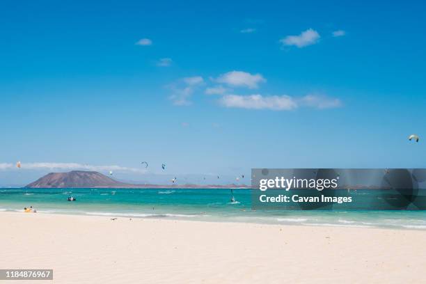 landscape of a paradisiacal beach with yellow sand and kite surfers - corralejo stock pictures, royalty-free photos & images