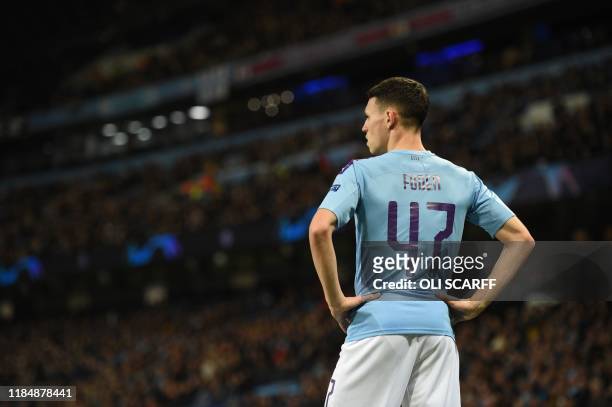 Manchester City's English midfielder Phil Foden reacts during the UEFA Champions League football Group C match between Manchester City and Shakhtar...