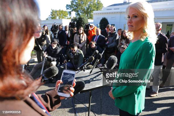 Kellyanne Conway, counselor to President Donald Trump, talks to reporters on the driveway outside of the White House November 01, 2019 in Washington,...