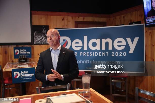 Democratic presidential candidate former Maryland congressman John Delaney waits for the start of a live television interview before the Liberty and...