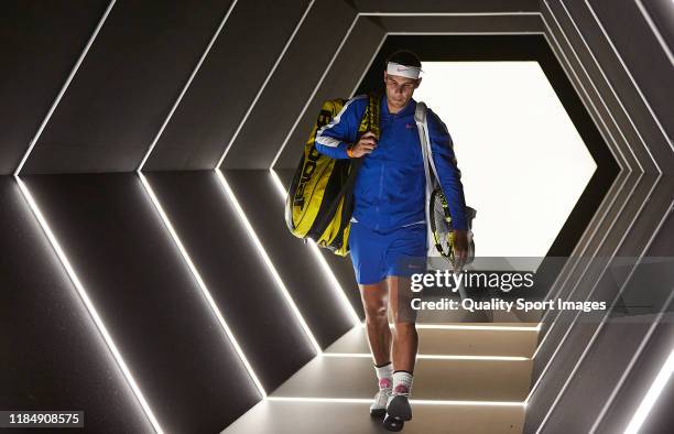 Rafael Nadal of Spain walks onto the court for his mens Quarterfinal match against Jo-Wilfried Tsonga of France during Day five of the Rolex Paris...