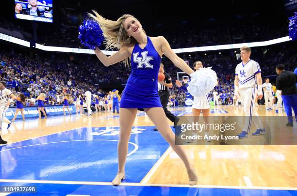Kentucky Wildcats cheerleader performs in the game against the Kentucky State Thorobreds at Rupp Arena on November 01, 2019 in Lexington, Kentucky.