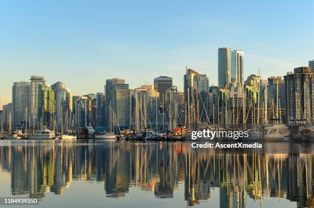 view of vancouver's downtown waterfront from stanley park - vancouver sunset stock pictures, royalty-free photos & images