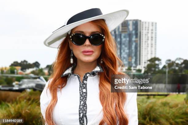 Lindsay Lohan attends Derby Day at Flemington Racecourse on November 02, 2019 in Melbourne, Australia.