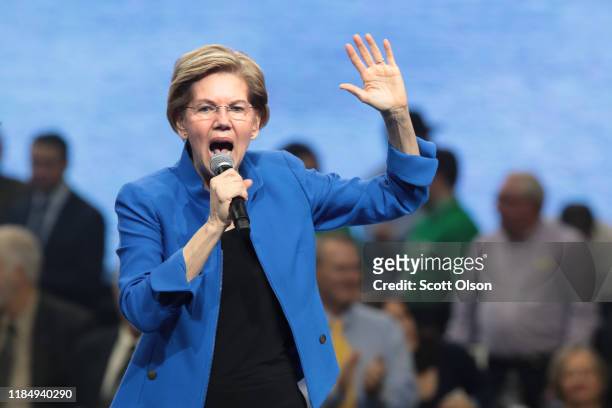 Democratic presidential candidate Sen. Elizabeth Warren speaks at the Liberty and Justice Celebration at the Wells Fargo Arena on November 01, 2019...