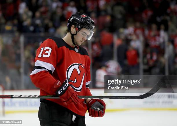 Nico Hischier of the New Jersey Devils reacts to the loss to the Philadelphia Flyers at Prudential Center on November 01, 2019 in Newark, New...