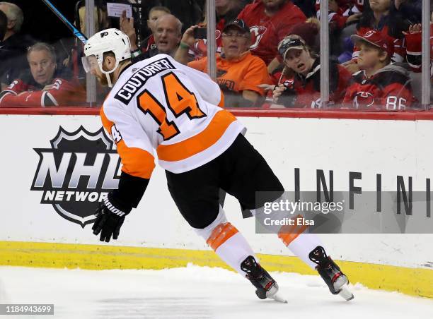 Sean Couturier of the Philadelphia Flyers celebrates his goal in the shootout against the New Jersey Devils at Prudential Center on November 01, 2019...