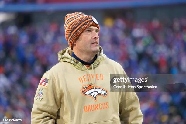 Denver Broncos Offensive Coordinator Rich Scangarello looks on from the sidelines during the second half of the National Football League game between...