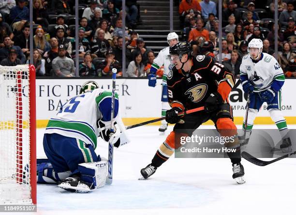 Jakob Silfverberg of the Anaheim Ducks scores a shorthanded goal on Jacob Markstrom of the Vancouver Canucks, to take a 1-0 lead, during the first...