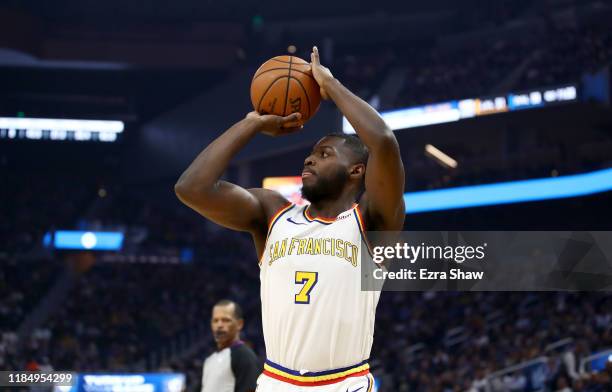 Eric Paschall of the Golden State Warriors shoots the ball against the San Antonio Spurs at Chase Center on November 01, 2019 in San Francisco,...