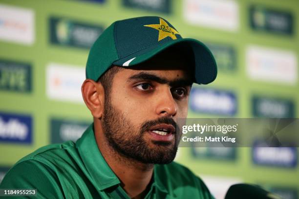 Captain Babar Azam of Pakistan speaks to the media during the Australia v Pakistan T20 series media opportunity at the Sydney Cricket Ground on...