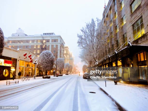 snowy street, downtown victoria, bc. - victoria canada stock pictures, royalty-free photos & images