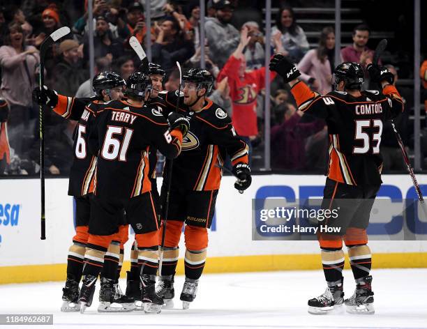 Ryan Getzlaf of the Anaheim Ducks celebrates his overtime goal for a 2-1 win over the Vancouver Canucks at Honda Center on November 01, 2019 in...