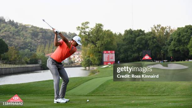 Li Haotong of China on the par three 4th tee during the third round of the WGC HSBC Champions at Sheshan International Golf Club on November 02, 2019...