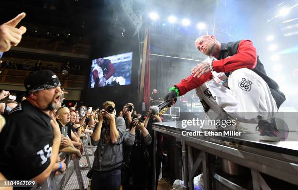 Singer Ivan Moody of Five Finger Death Punch holds his microphone out to fans as the band kicks off its fall 2019 tour at The Joint inside the Hard...