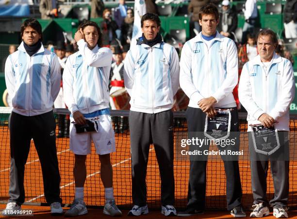 Members of the Argentine Davis Cup team Eduardo Schwank, Juan Monaco, Juan Ignacio Chela, Juan Martin Del Potro and captain Modesto Vazquez, pose for...