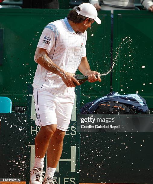 Eduardo Schwank of Argentine celebrate after the match between Argentina and Kazakhstan for second day in the quarters final of the Copa Davis at...