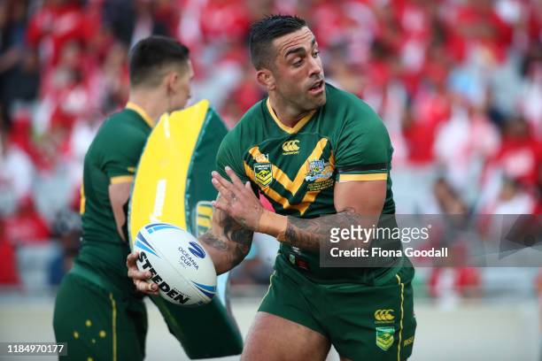 Paul Vaughan of Australia warms up during the Rugby League International Test match between the Australia Kangaroos and Tonga at Eden Park on...