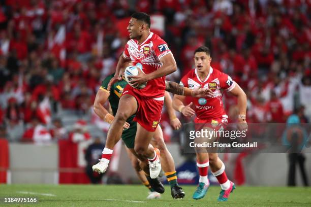 Daniel Tupou of Tonga looks to pass during the Rugby League International Test match between the Australia Kangaroos and Tonga at Eden Park on...