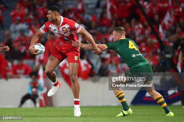 Daniel Tupou of Tonga looks to pass during the Rugby League International Test match between the Australia Kangaroos and Tonga at Eden Park on...