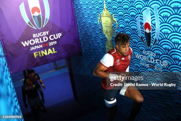 Anthony Watson of England runs out to warm-up during the Rugby World Cup 2019 Final between England and South Africa at International Stadium...