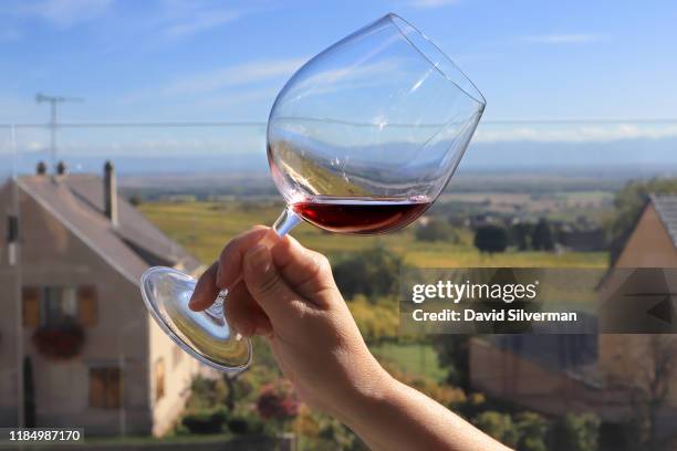 Visitor enjoys a glass of a glass of Maison Joseph Cattin AOC Alsace 2018 vintage Pinot Noir wine on the winery's terrace on October 11, 2019 in the...