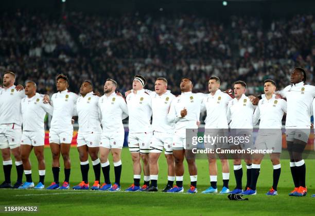 England players line up for the national anthem prior to the Rugby World Cup 2019 Final between England and South Africa at International Stadium...