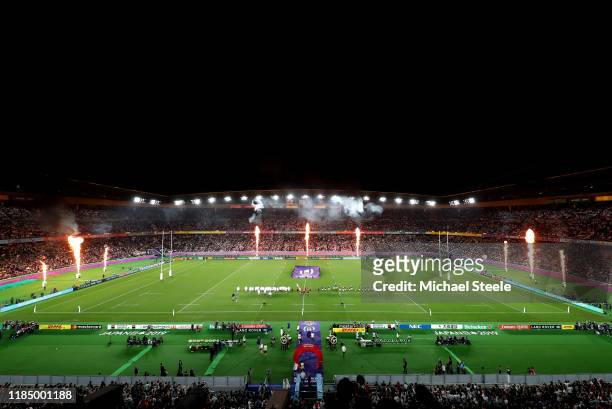 General view inside the stadium as the two teams line up for the respective national anthems ahead of the Rugby World Cup 2019 Final between England...